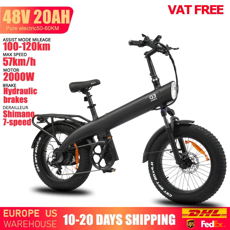 HUANCI Q3 Mountain Electric Bike 2000W 57KM/H Electric Dirt Bike 48V 20AH Electric Bicycle Ebike 20Inch Fat Tire Off-Road E Bike