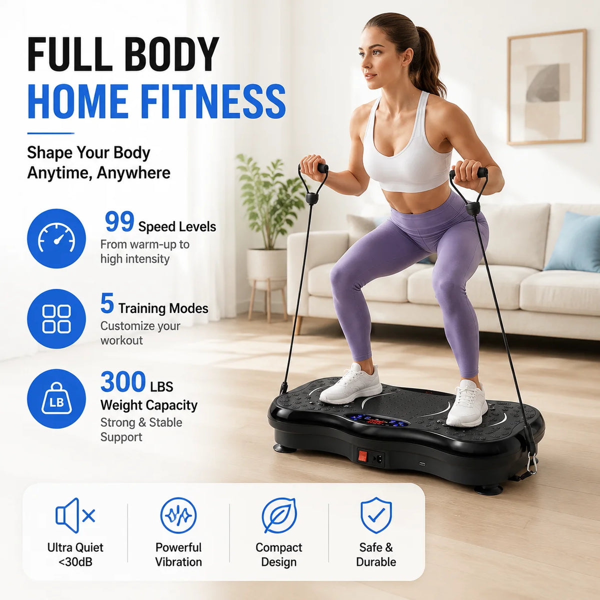 Vibration Plate Exercise Machine with Remote Control & Resistance Bands, Whole Body Fitness Platform for Home Gym Workout and Muscle Training