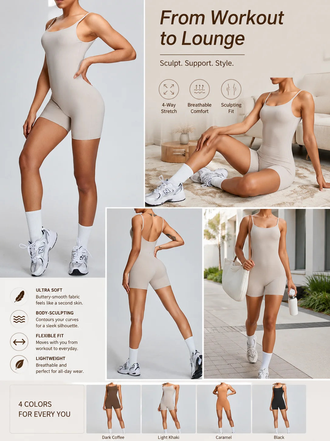 Women Yoga Bodysuit Romper, Spaghetti Strap Square Neck Backless One Piece Shorts Jumpsuit, High Stretch Workout Outfit for Gym Athletic Training