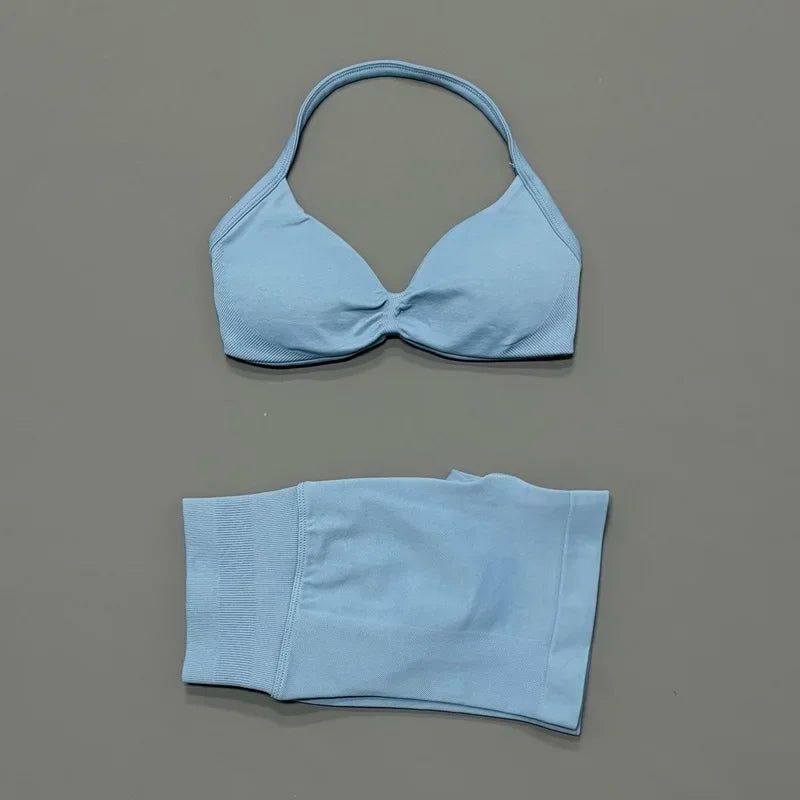 2 Pieces Yoga Gym Set Women Seamless Strappy Yoga Bra High Waist Workout Scrunch Shorts Sports Set Fitness Clothes Sportswear