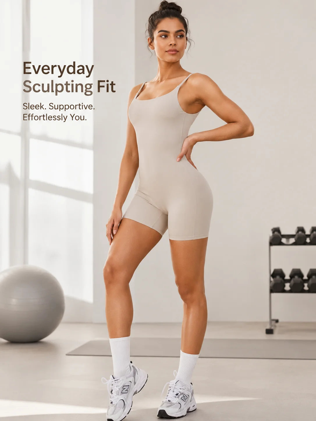 Women Yoga Bodysuit Romper, Spaghetti Strap Square Neck Backless One Piece Shorts Jumpsuit, High Stretch Workout Outfit for Gym Athletic Training