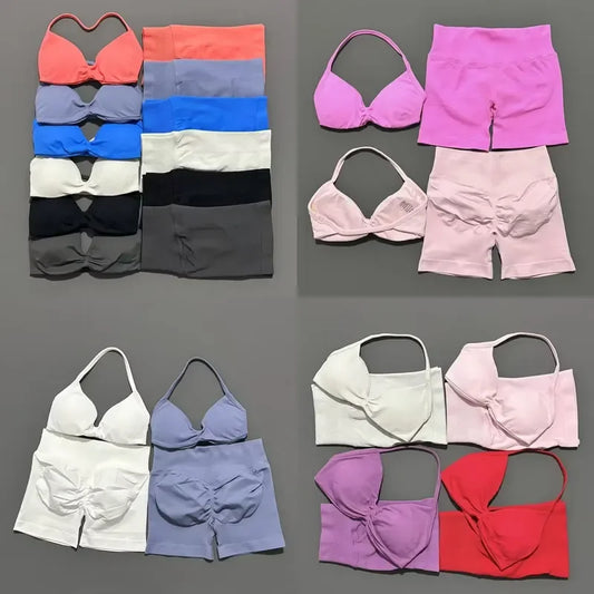 2 Pieces Yoga Gym Set Women Seamless Strappy Yoga Bra High Waist Workout Scrunch Shorts Sports Set Fitness Clothes Sportswear
