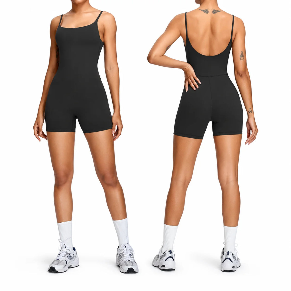 Women Yoga Bodysuit Romper, Spaghetti Strap Square Neck Backless One Piece Shorts Jumpsuit, High Stretch Workout Outfit for Gym Athletic Training