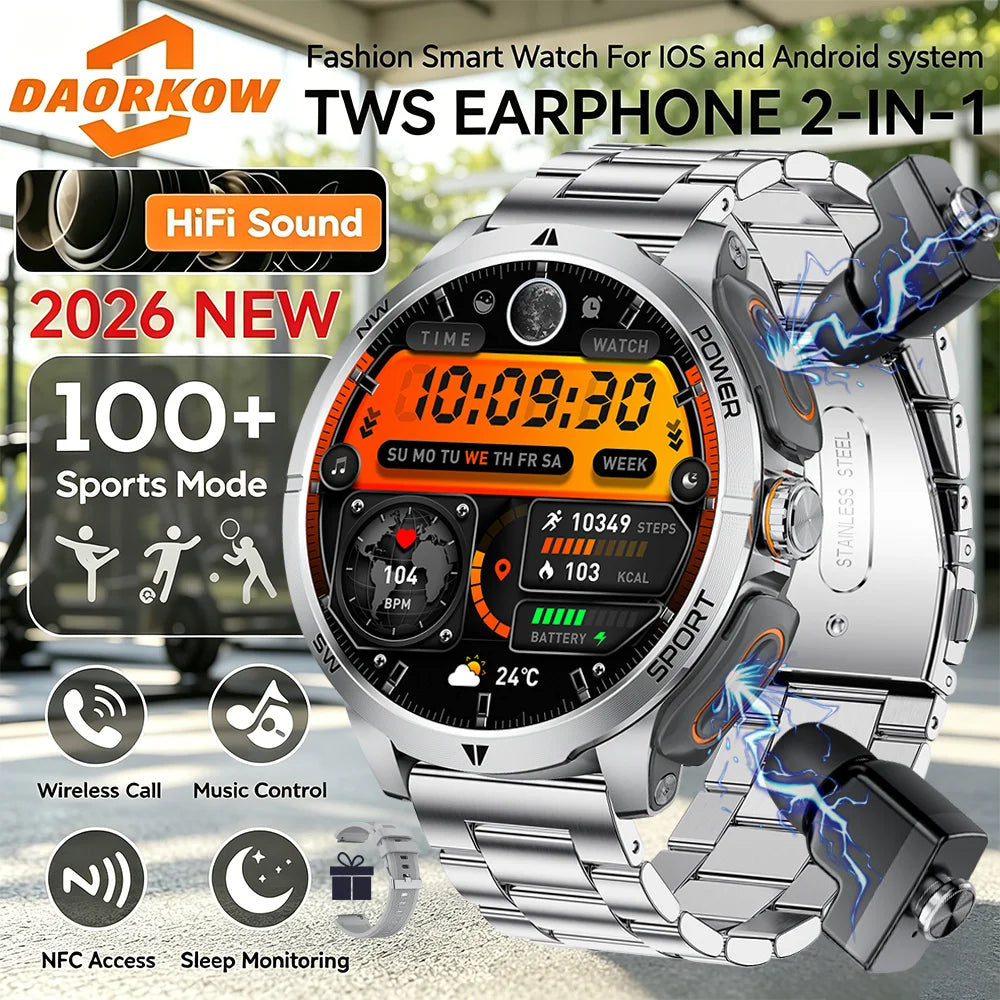 TWS 2-in-1 Smart Watch with Headphones Sports Play Music Bluetooth Headset Call Men Health Monitor NFC Women Smartwatch Earbuds