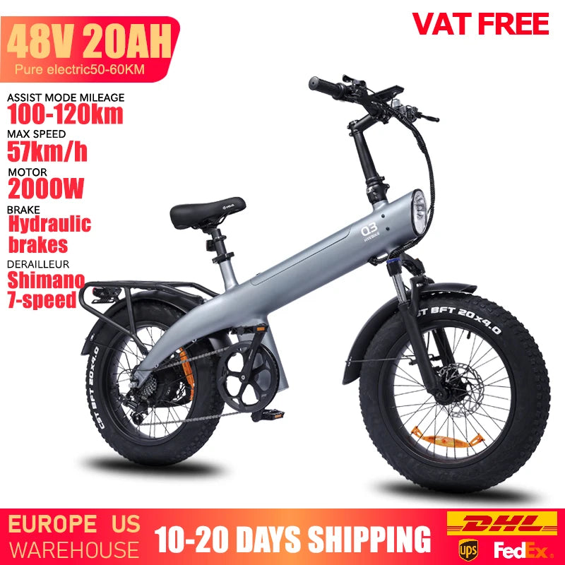 HUANCI Q3 Mountain Electric Bike 2000W 57KM/H Electric Dirt Bike 48V 20AH Electric Bicycle Ebike 20Inch Fat Tire Off-Road E Bike