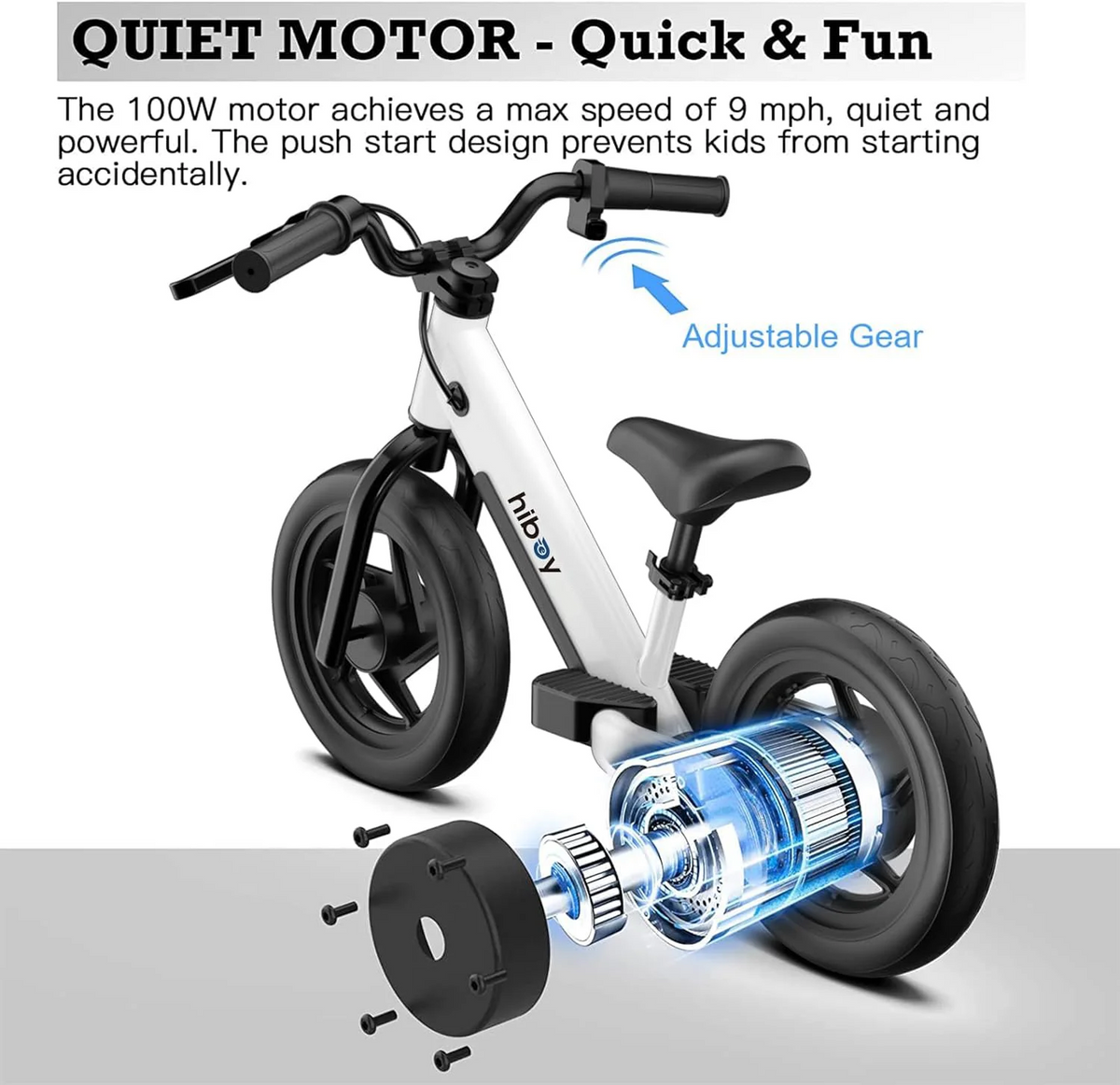 Hiboy 12 Inch Tires, 150W Peak Motor, 21.6V/2.6Ah Battery,  Electric Balance Bike for Kids Ages 3-5