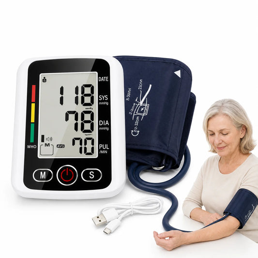Automatic Upper Arm Blood Pressure Monitor for Home Use Large LCD Digital BP Machine with Adjustable Cuff Voice Broadcast Irregular Heartbeat Indicator 2 Users 2x120 Memory WHO Color Guide USB C and Battery Power One Touch fo