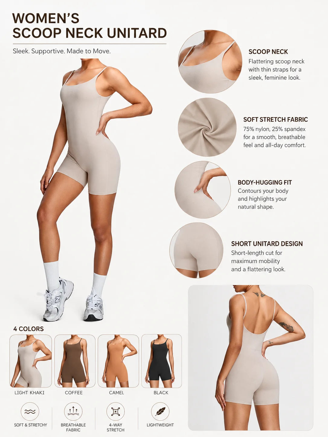 Women Yoga Bodysuit Romper, Spaghetti Strap Square Neck Backless One Piece Shorts Jumpsuit, High Stretch Workout Outfit for Gym Athletic Training