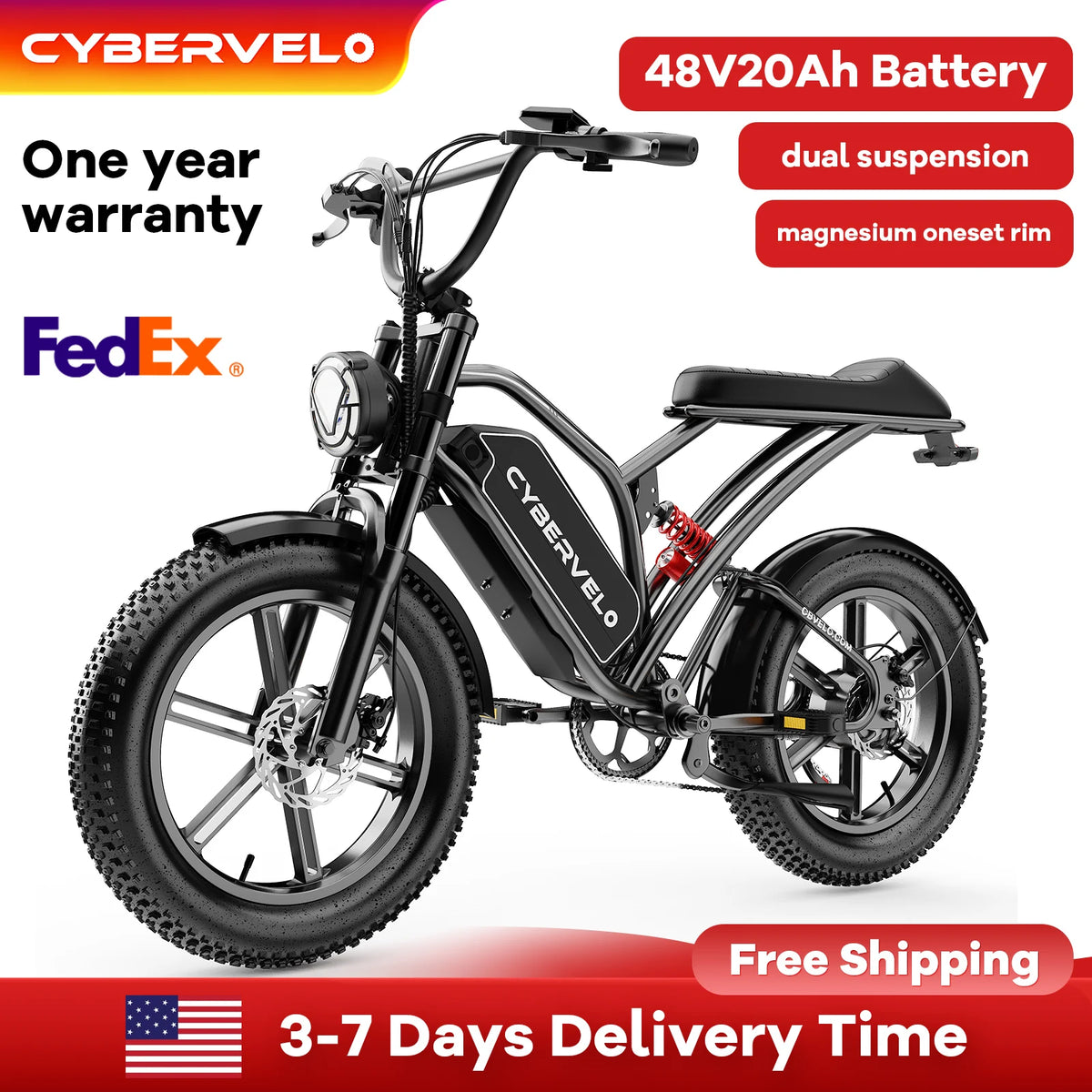 Cybervelo 1000W Adults Electric Dirt Bike 20 Inch Fat Tire All-Terrain E-Bike Max 30MPH 48V 20AH/30AH Large Removable Battery Off Road Ebike EK11