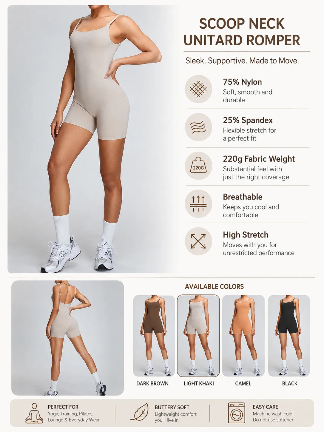 Women Yoga Bodysuit Romper, Spaghetti Strap Square Neck Backless One Piece Shorts Jumpsuit, High Stretch Workout Outfit for Gym Athletic Training