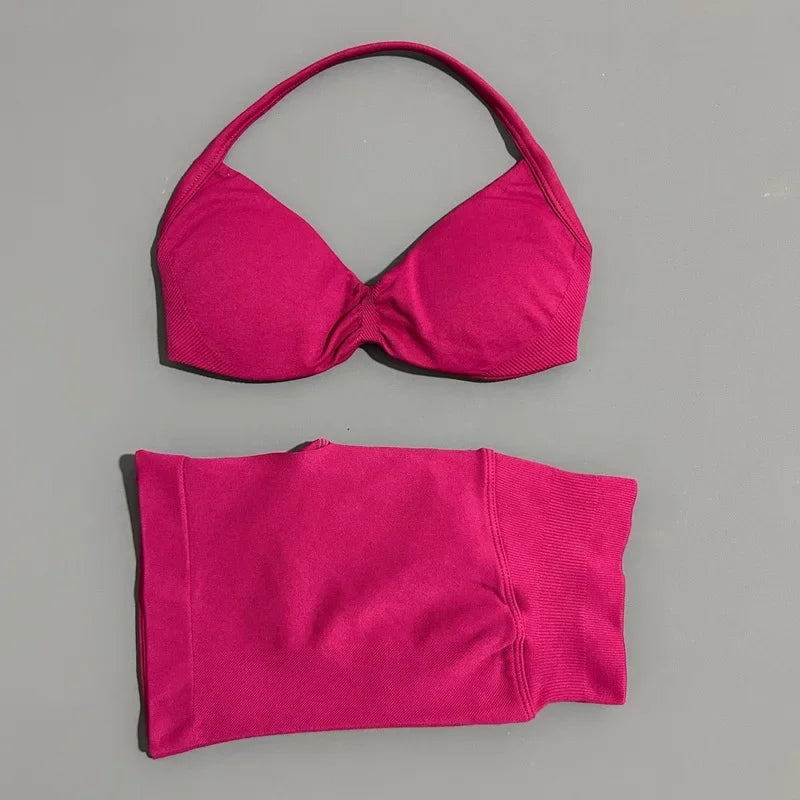 2 Pieces Yoga Gym Set Women Seamless Strappy Yoga Bra High Waist Workout Scrunch Shorts Sports Set Fitness Clothes Sportswear