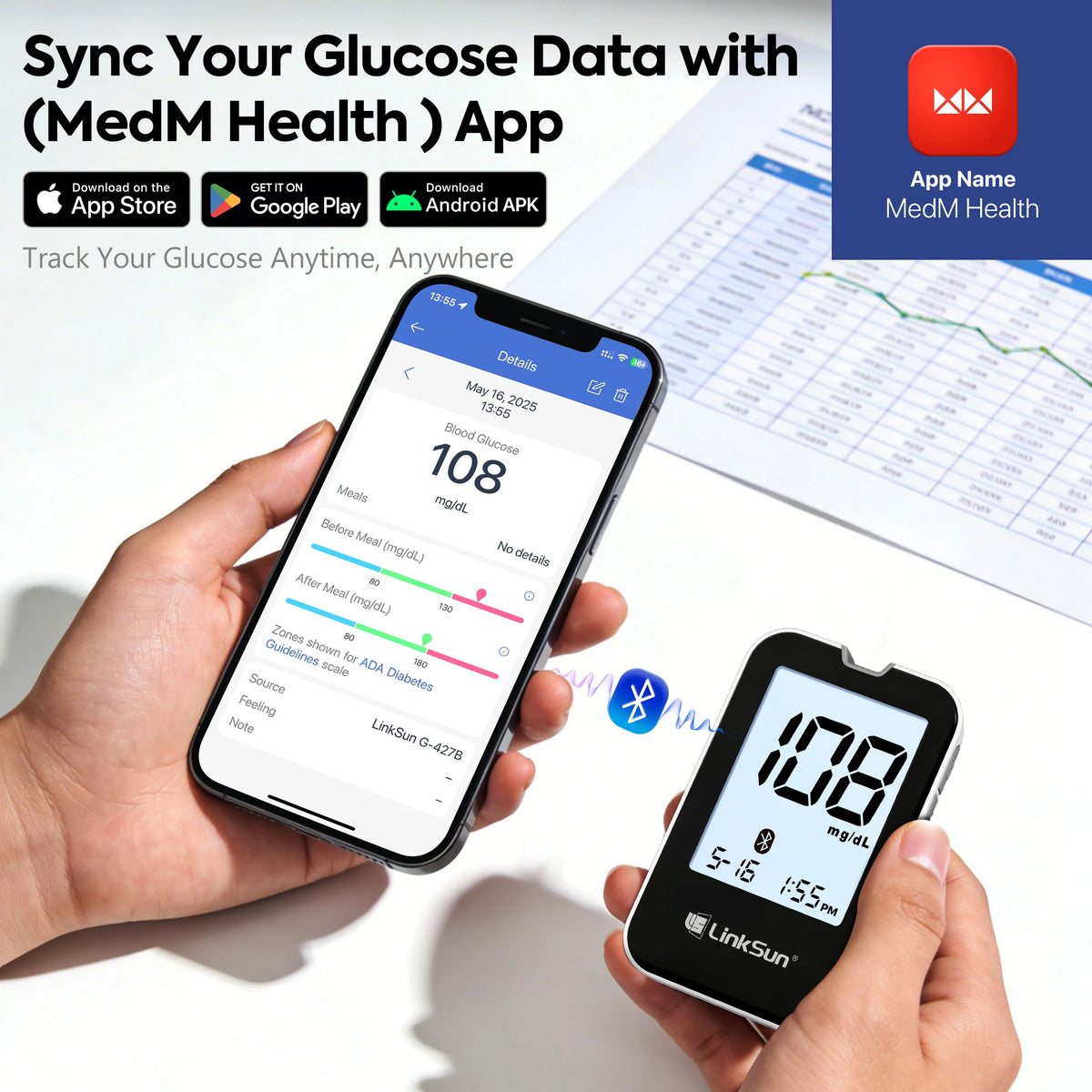LinkSun G-427B Bluetooth Blood Glucose Meter Kit 50-100pcs Test Strip High Accuracy Large Display Diabetes Monitor Digital Meter