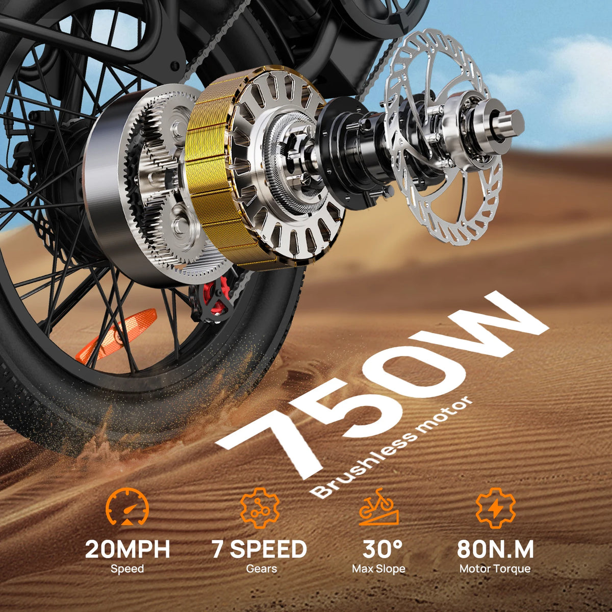 750W 20x3" Fat Tire Electric Bike 48V 13Ah Removable Battery 20MPH 7-Speed Gears Dual Disc Brakes Adult Moped for Off-Road City