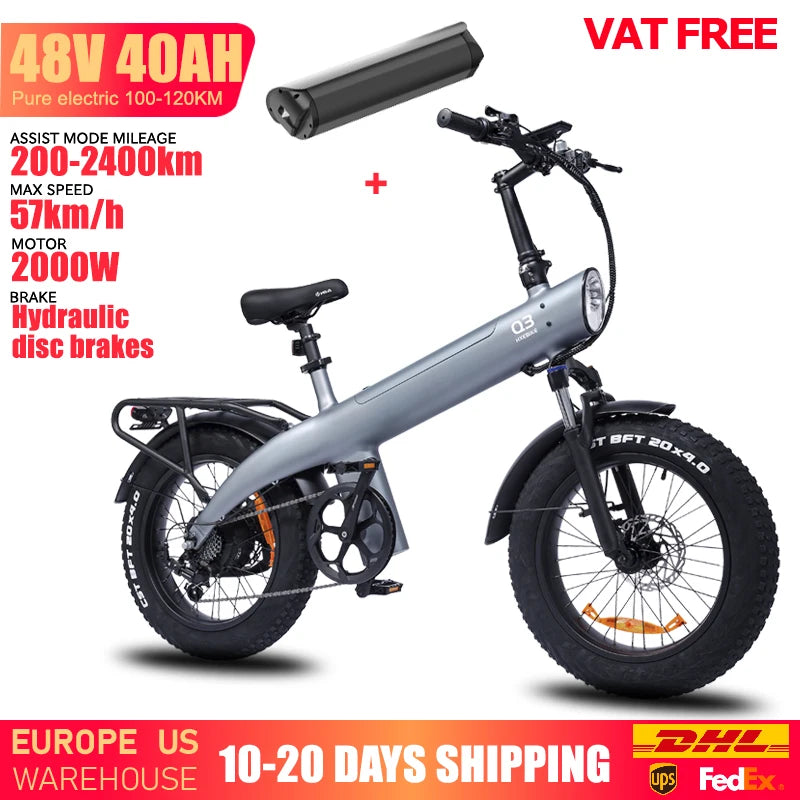 HUANCI Q3 Mountain Electric Bike 2000W 57KM/H Electric Dirt Bike 48V 20AH Electric Bicycle Ebike 20Inch Fat Tire Off-Road E Bike