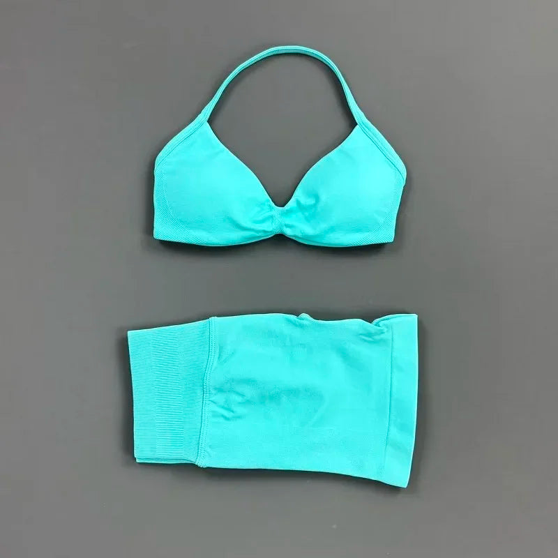 2 Pieces Yoga Gym Set Women Seamless Strappy Yoga Bra High Waist Workout Scrunch Shorts Sports Set Fitness Clothes Sportswear