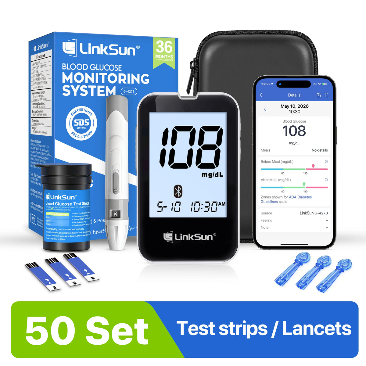 LinkSun G-427B Bluetooth Blood Glucose Meter Kit 50-100pcs Test Strip High Accuracy Large Display Diabetes Monitor Digital Meter