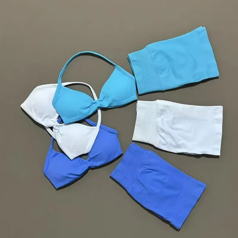 2 Pieces Yoga Gym Set Women Seamless Strappy Yoga Bra High Waist Workout Scrunch Shorts Sports Set Fitness Clothes Sportswear