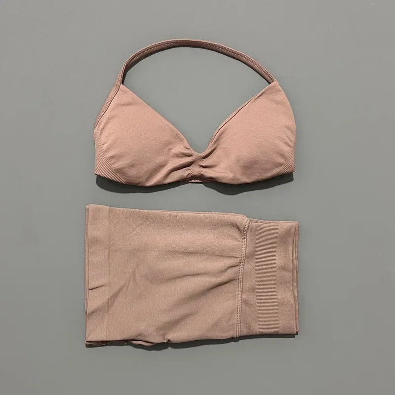 2 Pieces Yoga Gym Set Women Seamless Strappy Yoga Bra High Waist Workout Scrunch Shorts Sports Set Fitness Clothes Sportswear