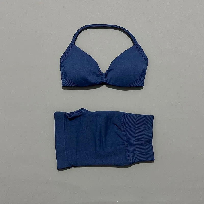 2 Pieces Yoga Gym Set Women Seamless Strappy Yoga Bra High Waist Workout Scrunch Shorts Sports Set Fitness Clothes Sportswear