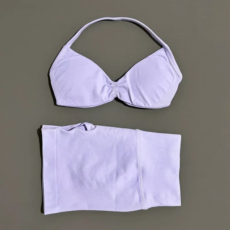 2 Pieces Yoga Gym Set Women Seamless Strappy Yoga Bra High Waist Workout Scrunch Shorts Sports Set Fitness Clothes Sportswear