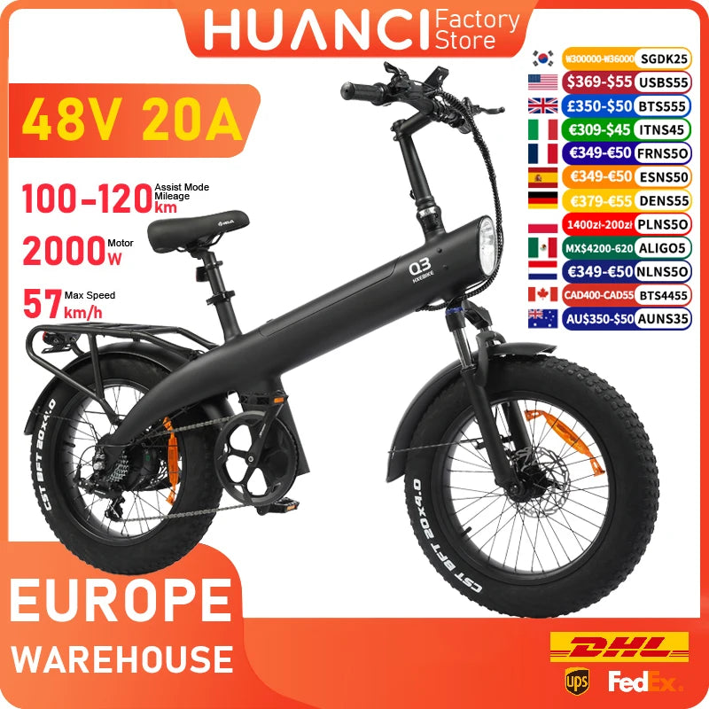 HUANCI Q3 Mountain Electric Bike 2000W 57KM/H Electric Dirt Bike 48V 20AH Electric Bicycle Ebike 20Inch Fat Tire Off-Road E Bike